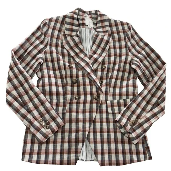 Joie Blazer Womens Medium Brown Anilah Empire Plaid Double Breasted Jacket - Picture 2 of 8